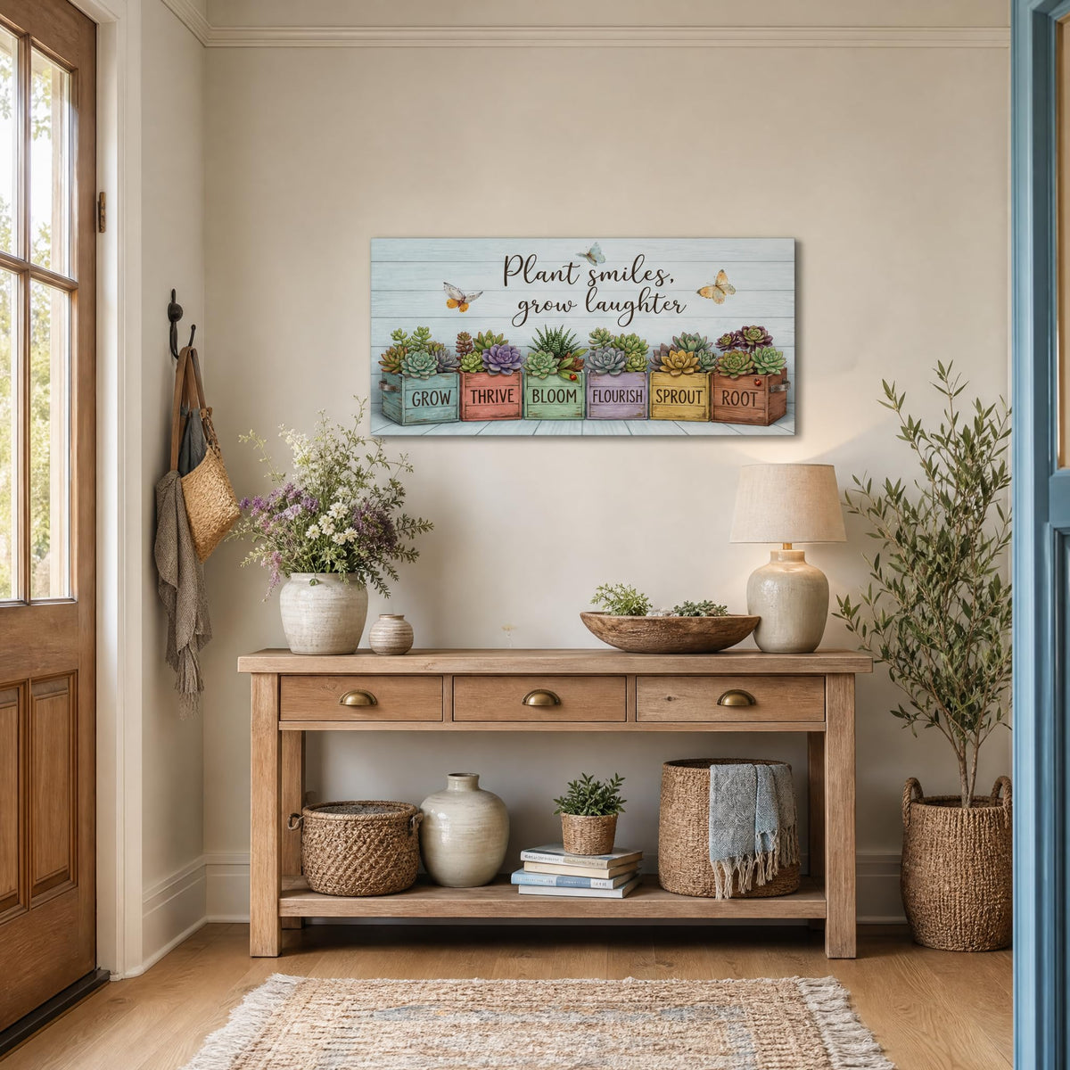 Rustic Succulent Canvas Wall Art Colorful Faux Wood Planter Box Painting Flat Print Gallery Wrapped Botanical Artwork for Living Room Bedroom Bathroom Decor (Bohemian / Yellow Succulent Garden 14 / 40"L x 20"W)