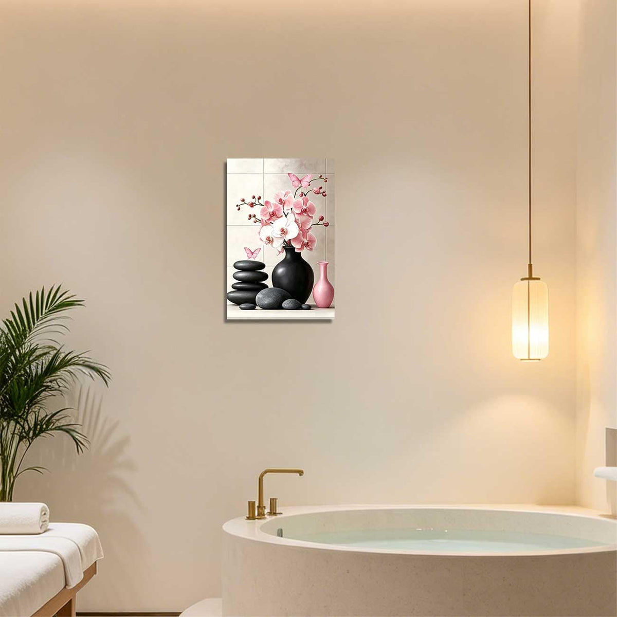 Orchid Flower Canvas Wall Art Zen Bathroom Pictures Prints Spa Stone Butterfly Wall Decor Black White Yoga Meditation Paintings for Living Room Bedroom (Pink / 20"L x 16"W)
