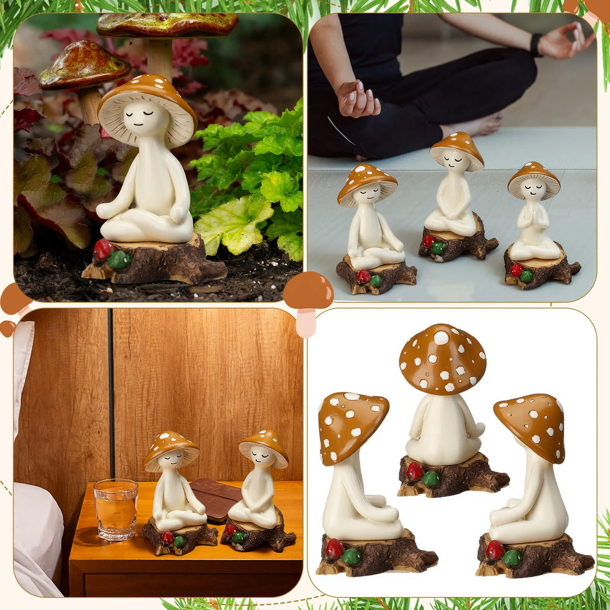 3 Pcs Meditation Mushroom Statue with Stump Resin Figurine (Mushroom with Stump)