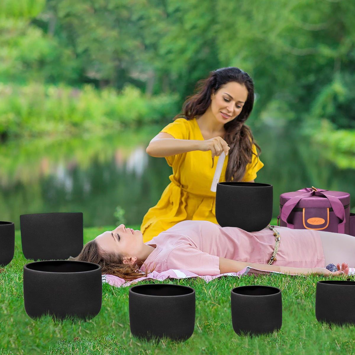 6 12 inch Chakra Set of 7 Black Crystal Singing Bowls with Heavy Duty Carrying Case and Singing Bowl Mallets (6-12 inch / Set of 7 Black Bowls)