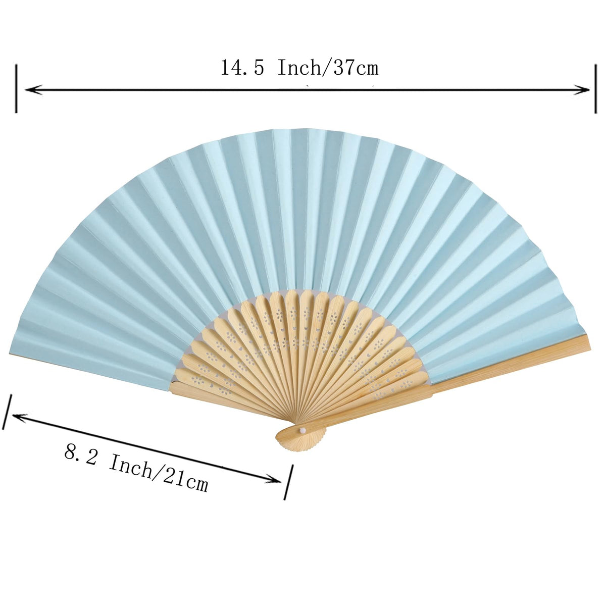 50pcs Paper Hand Fan with Organza Bags Bamboo Handheld Folding Fan DIY Decorative Wedding Party Favors (Light Blue)