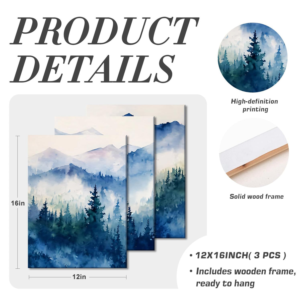 3 Pcs Watercolor Natural Misty Mountain Forest Canvas Wall Art (Watercolor Landscape Wall Art / 16"L x 12"W)