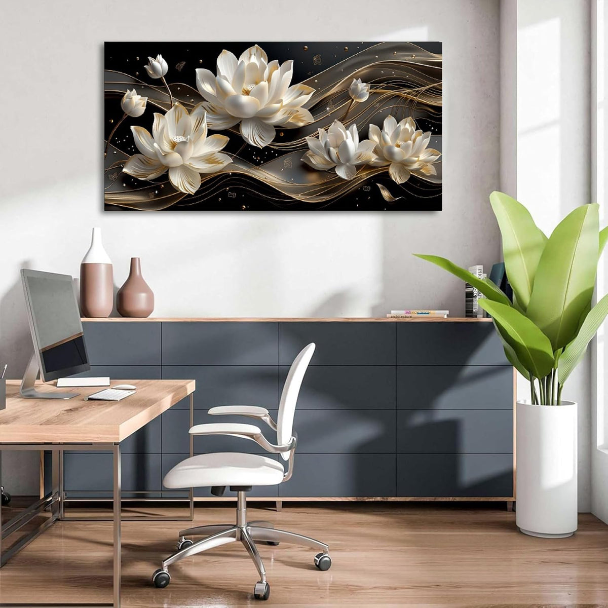 Flower Wall Art Large Canvas Painting Abstract Wall Decor Petals Poster White Browm Picture Office Artwork for Walls Modern Prints Bedroom Wall Art Living Room Kitchen Home Decorations (FlowerB / 48"L x 24"W)