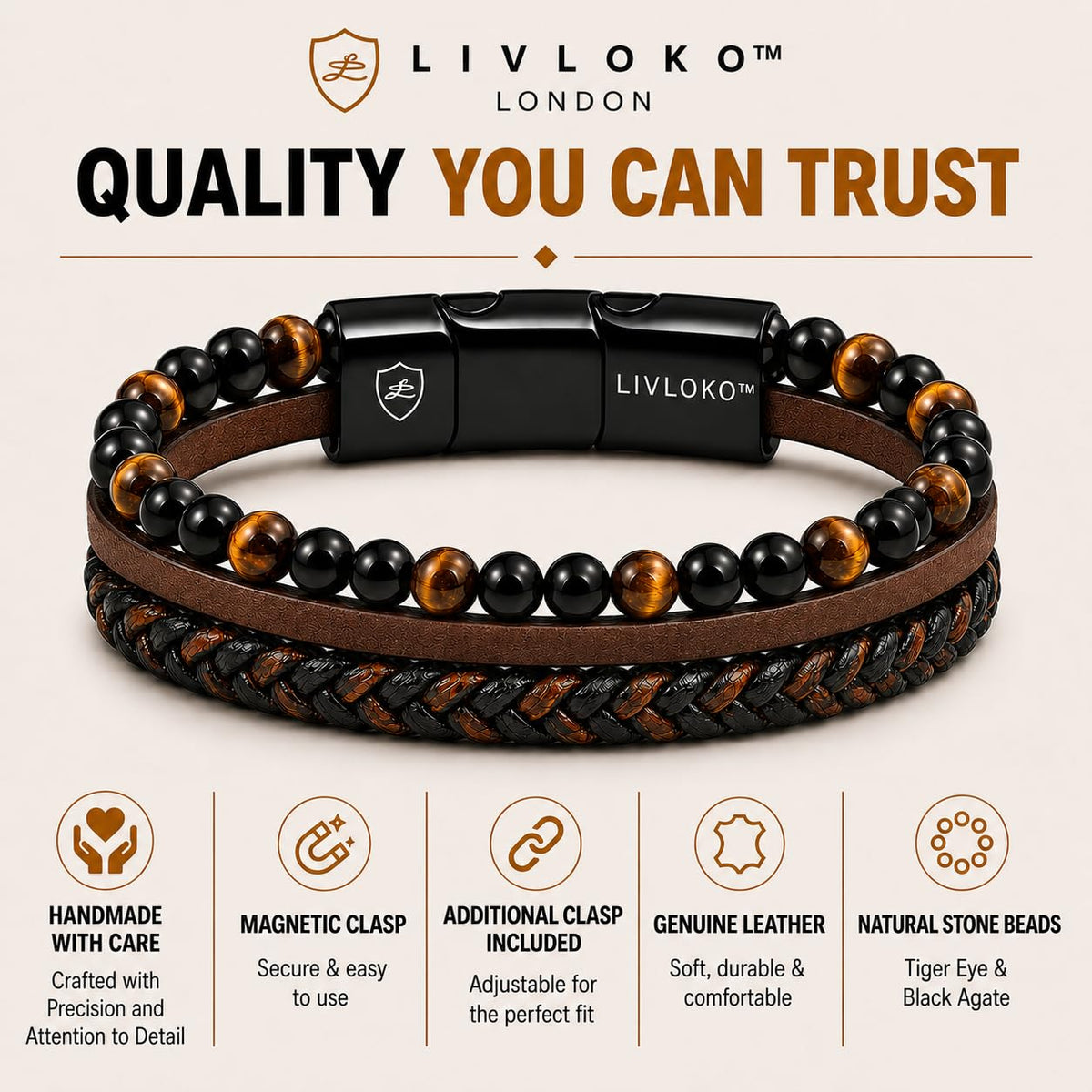 Mens Bracelet Leather Black Multi (B. Black Brown Tiger-Eye Adjustable / 8.75 IN)