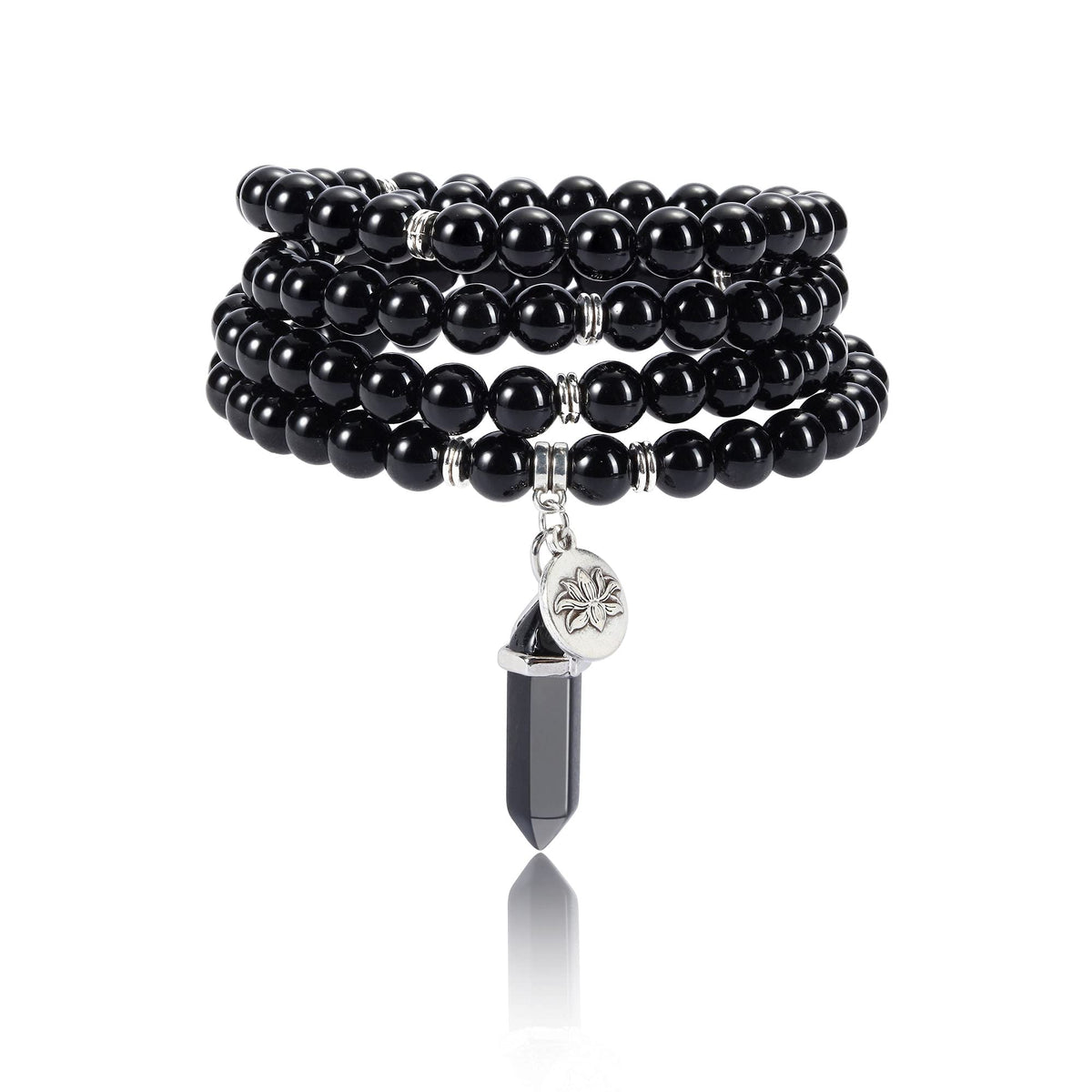 108 Mala Beads Bracelet 8mm Natural Black Obsidian Healing Crystal Stone Mala Prayer Bead Necklace Hexagonal Prism Gemstone Reiki Pointed Pendant for Yoga Meditation Energy Balancing (Black Obsidian Crystal)