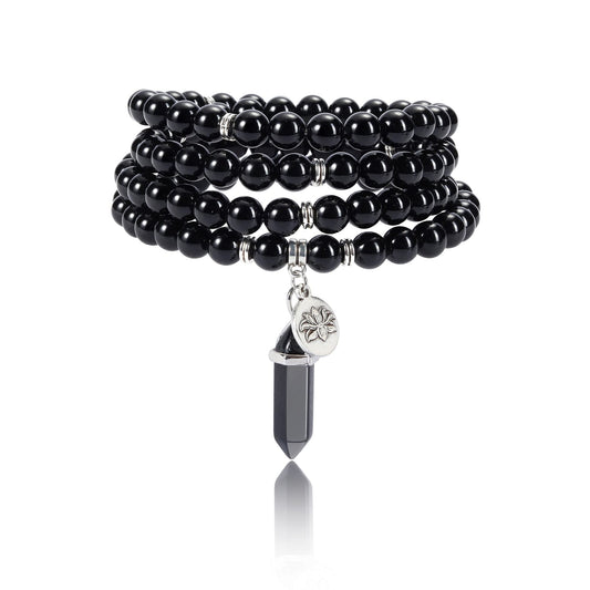 108 Mala Beads Bracelet 8mm Natural Black Obsidian Healing Crystal Stone Mala Prayer Bead Necklace Hexagonal Prism Gemstone Reiki Pointed Pendant for Yoga Meditation Energy Balancing (Black Obsidian Crystal)