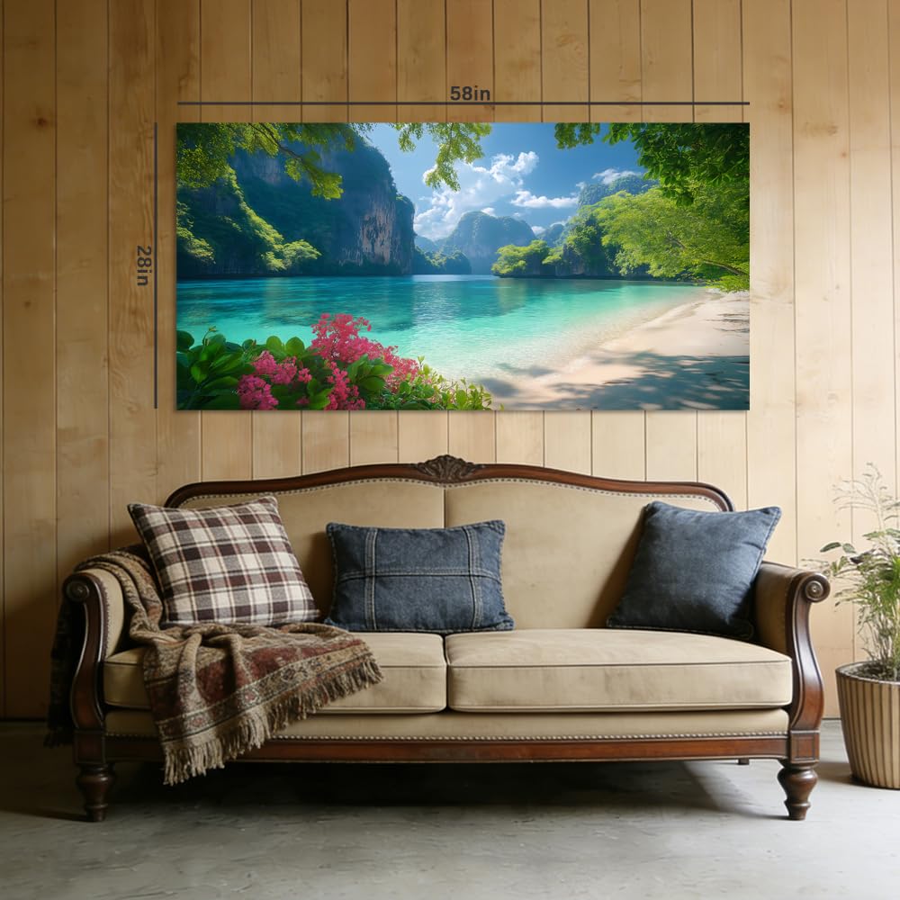 White Tropical Lagoon Beach Wall Art Art Deco Painting Prints Canvas (Coastal / White Lagoon Beach 105 / 46"L x 23"W)