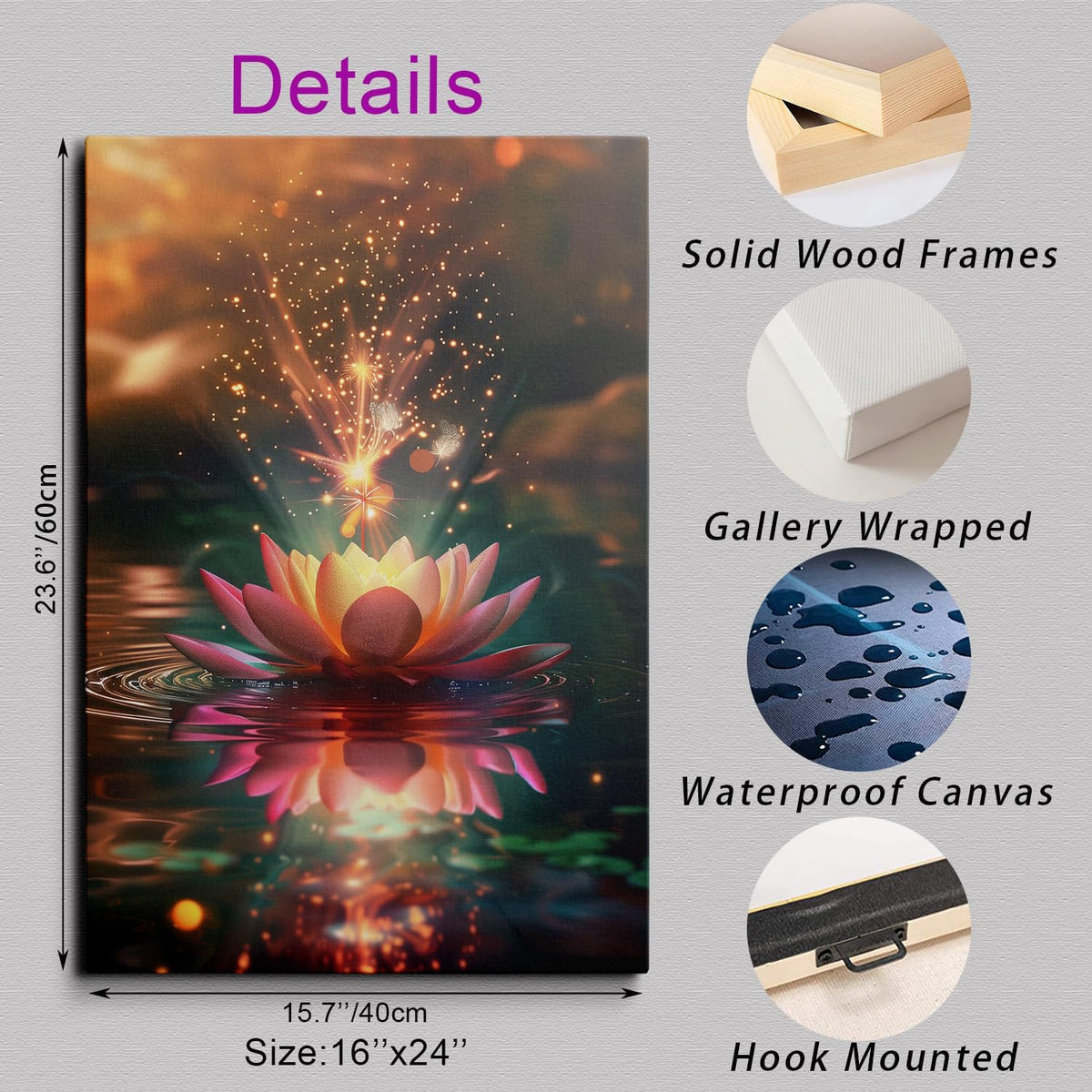 Lotus Flower Canvas Wall Art Framed Serene Botanical Spa Decor 16x24 Inch (Glowing Lotus / 24"L x 16"W)