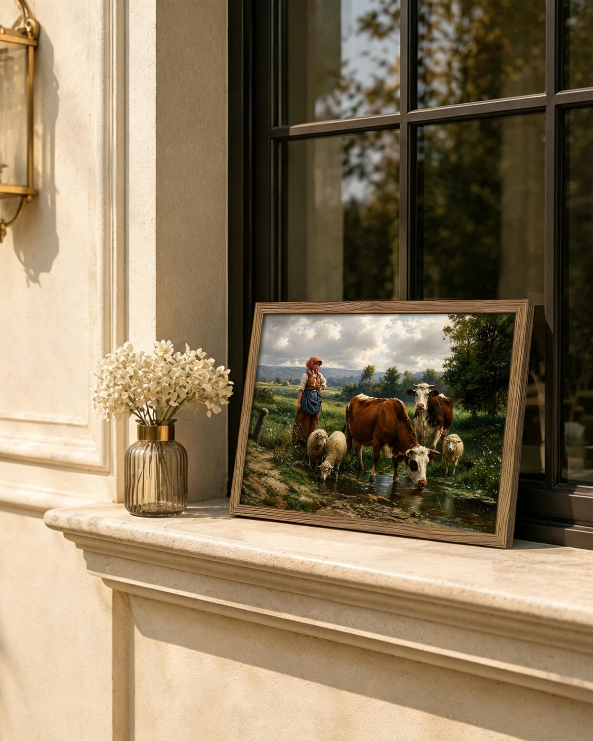 Vintage Pastoral Landscape Framed Canvas Wall Art (B-Herding Cattle / 16"L x 12"W)