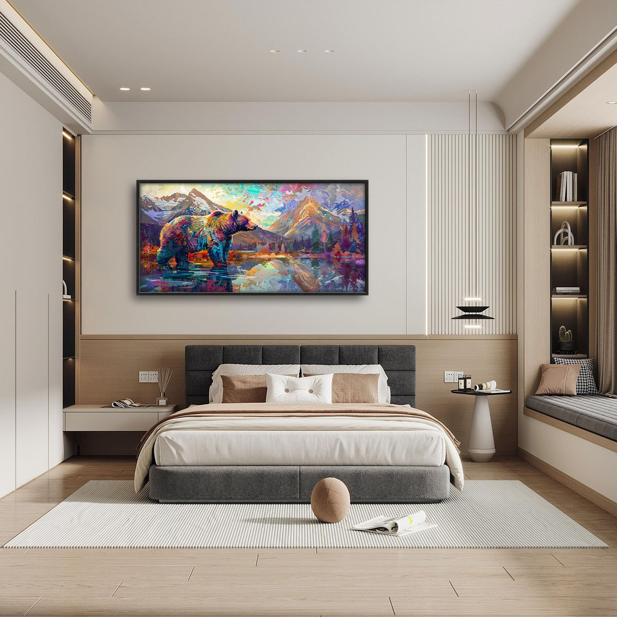 Bear Large Wall Art Bear Mountain Pictures Wall Decor Lake Landscape Canvas Painting Modern Artwork Home Decoration for Living Room Bathroom Bedroom Office Framed 60"x30" (Bear / 60"L x 30"W)