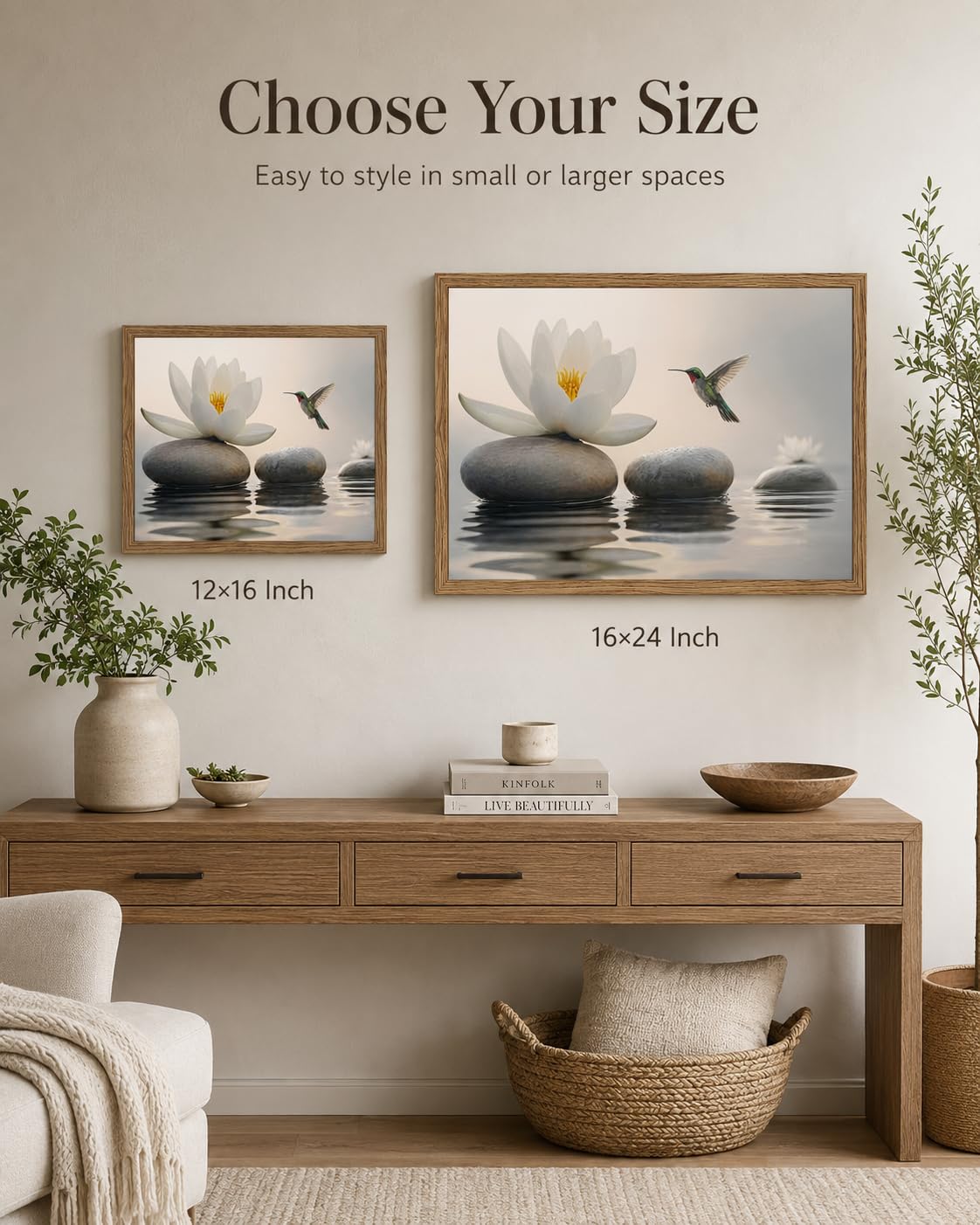 Wood Framed Zen Stone Wall Art Spa Lotus Flower Hummingbird Wall Decor (Hummingbird / 16"L x 24"W)
