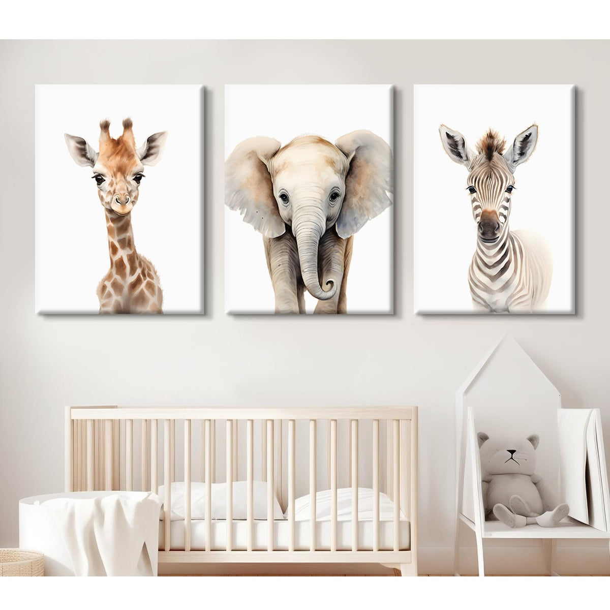 Nursery Animal Wall Art Safari Baby Wall Decor Boy Room Nursery Canvas Prints Jungle Animal Art Pictures Kids Cute Safari Poster for Girl Bedroom 12x16 Inch Wrapped Canvas Set of 3 (12x16 Inch Wrapped Canvas / Elephant Giraffe Prints)