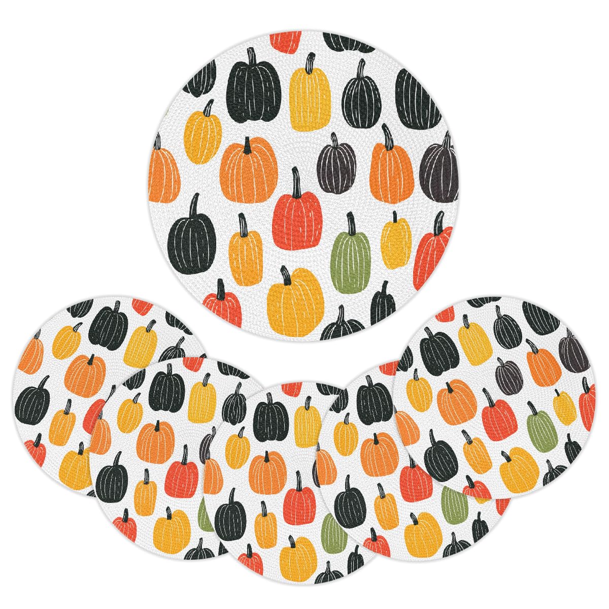 Thanksgiving Cartoon Pumpkin Round Placemats Set of 6 Woven 15 Inch (B 005 / 6 pieces)