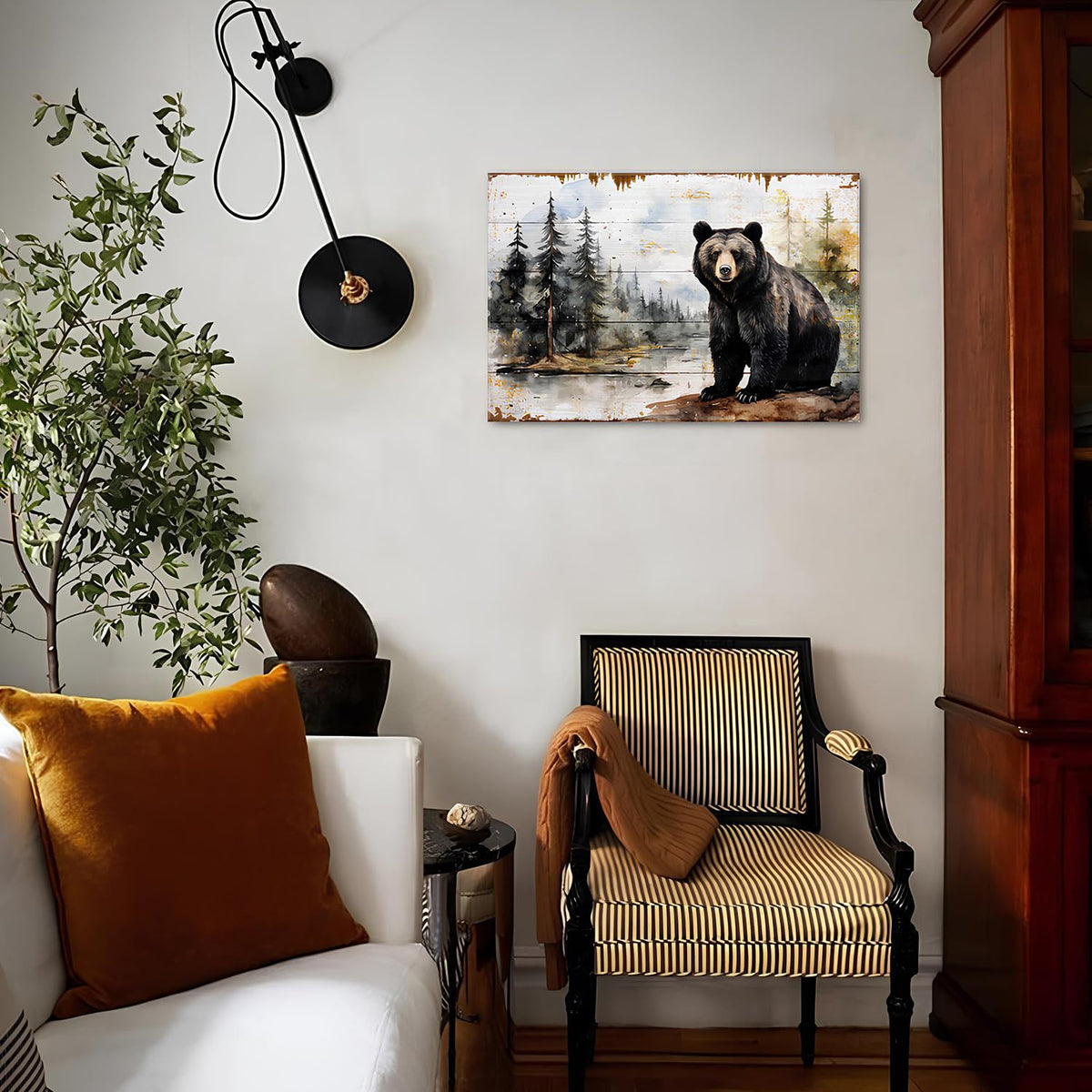 Rustic Bear Canvas Wall Art Wildlife Animal Theme Wall Decor Abstract Woodland Forest Canvas Prints Picture for Kitchen Living Room Farmhouse Rustic Decor Pine Trees Poster Painting Artwork 20x30” (30"L x 20"W / Bear Forest)