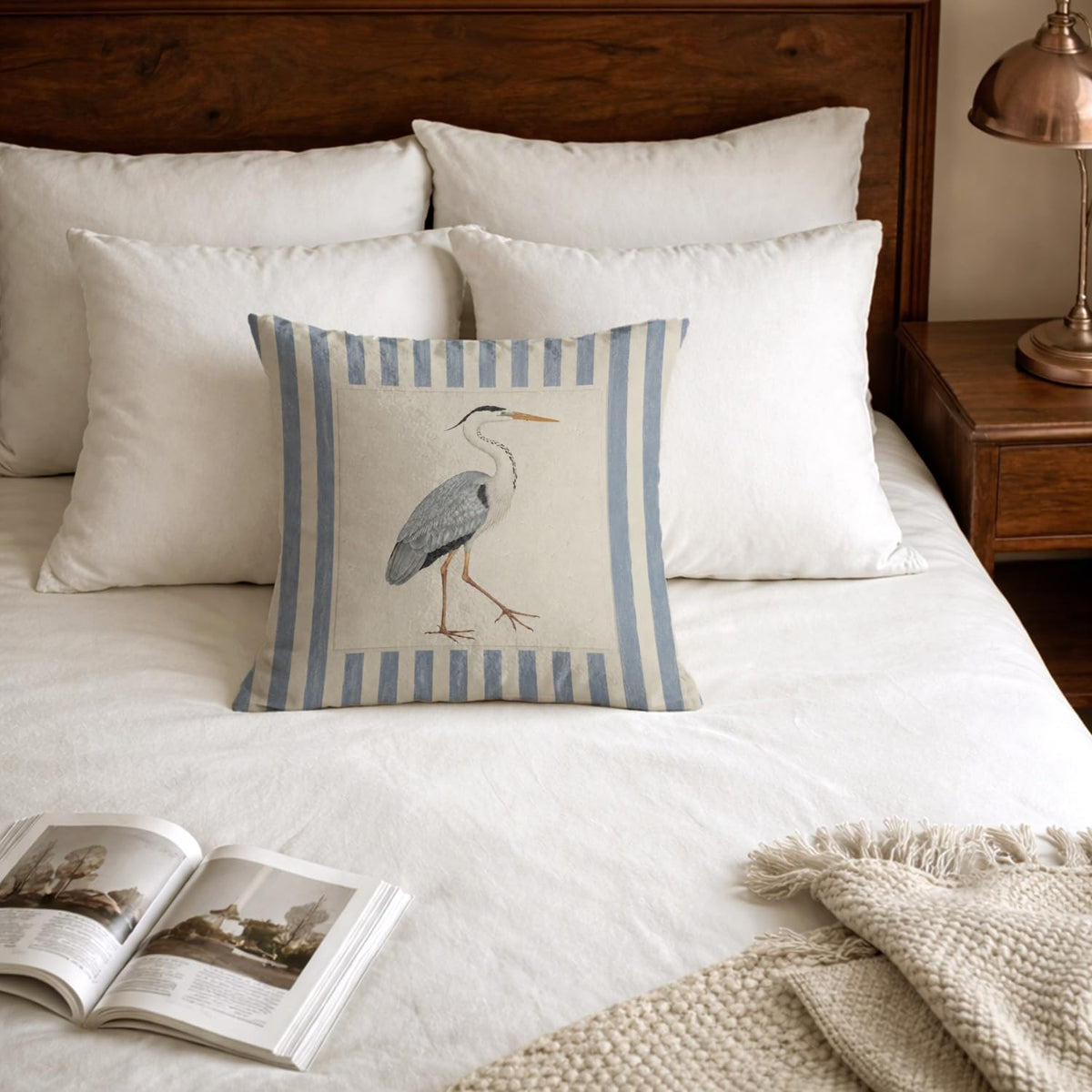 Great Blue Heron Striped Pillow Cover 18x18 (White-blue Heron Bird 18)