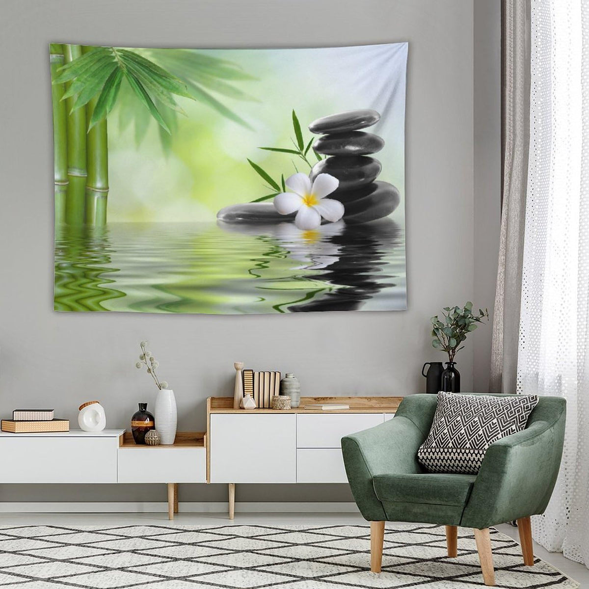 Zen Garden Tapestry Wall Hanging Spa Green Bamboo Black Stone White Flower Tapestries Home Decor for Living Room Bedroom Farmhouse Apartment Dorm 60"x80" (60"L x 80"W / Zen-18)