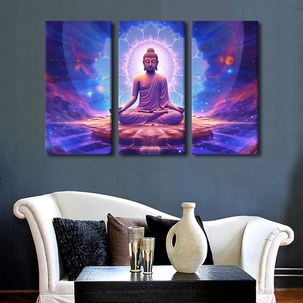Canvas Wall Art Buddha Canvas Poster Decor 3 Panel Modern Wall Art Buddha Deity Creating the Universe Picture Prints for Men Living Room Decoration Stretched and Framed Ready to Hang 60x40 in (60x40 in / 3PANEL-09)