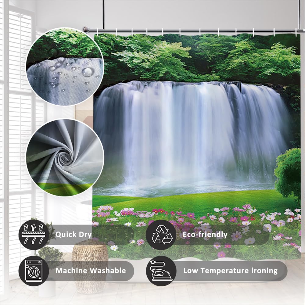 Spring Scenery Shower Curtain Set Decor Forest View Magnificent Waterfall Landscape Natural Scecery Green Leaves Grass Pink Floral Bath Curtain for Bathroom Decor with Hooks (65"W x 72"L (Pack of 1) / Green03)