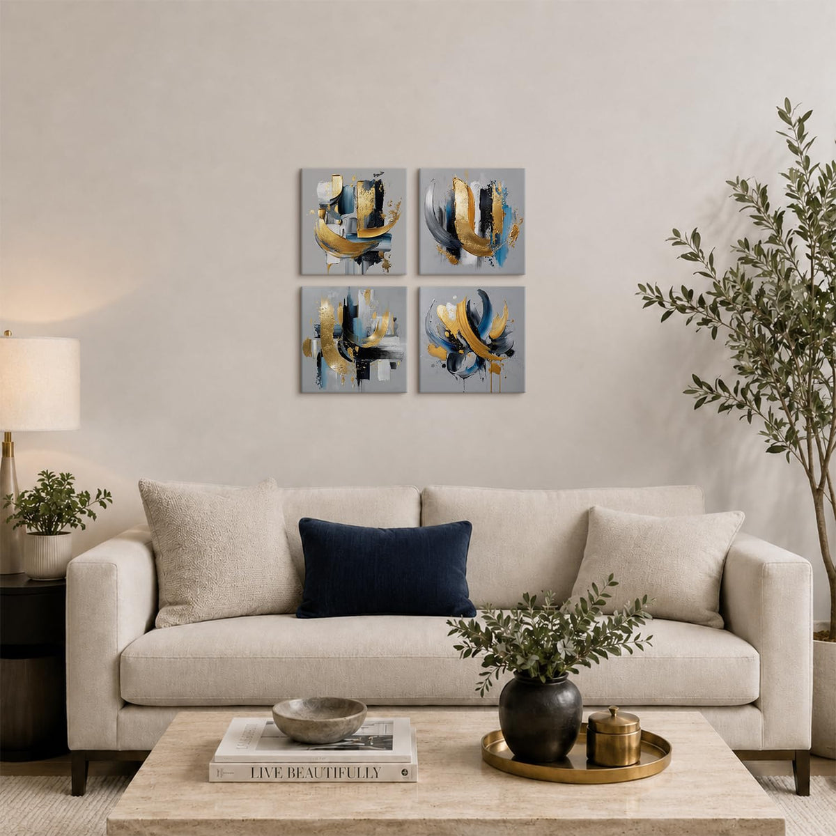4 Piece Abstract Gray Wall Art for Living Room Blue and Gold Pictures Wall Decor Modern Luxury Canvas Prints Office Artwork for Walls Watercolor Lines Painting Aesthetics Poster Home Decoration 12x12" (12"L x 12"W / Abstract2)