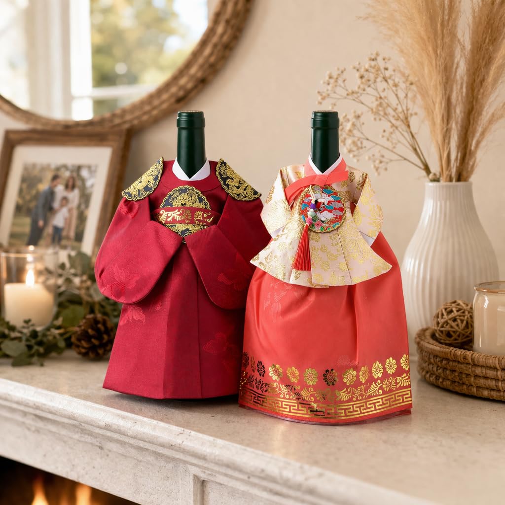 Korean Hanbok Wine Bottle Cover Gift (Queen/Coral)