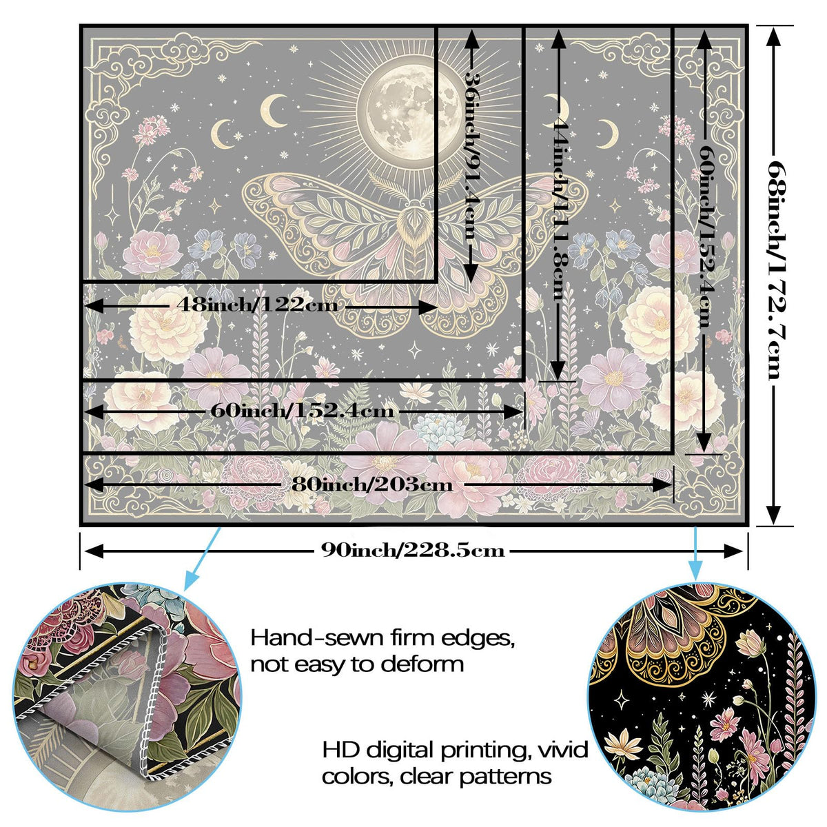 Tapestry Moon Moth and Floral Tapestries Witchy Cottagecore Tapestries Mystical Nature Wall Tapestry Bedroom Dormitory Living Room Decoration 60"x44" (Black Pink / 60"L x 44"W)