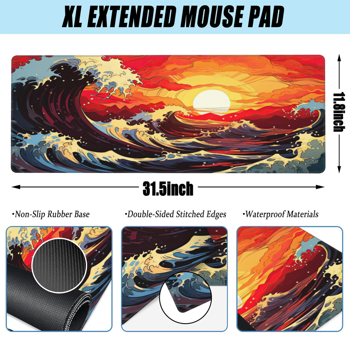 Large Gaming Mouse Pad for Desk (11.8" x 31.5" / Ocean Waves at Sunset)