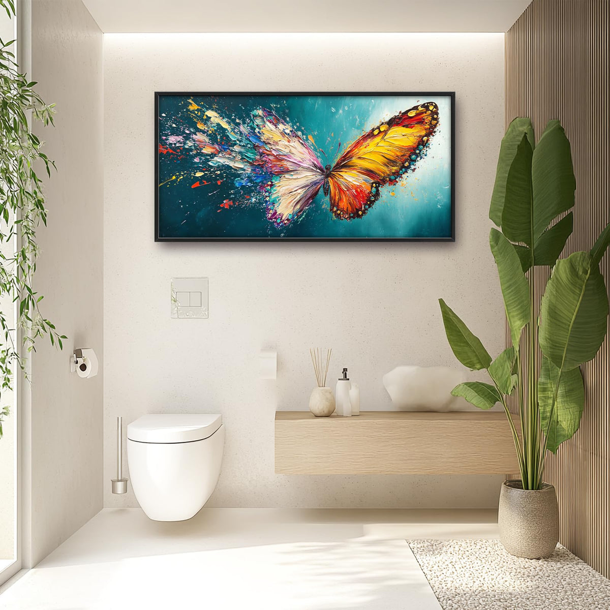 Large Framed Abstract Butterfly Wall Art (Ink-splashing Butterfly / 60"L x 30"W)