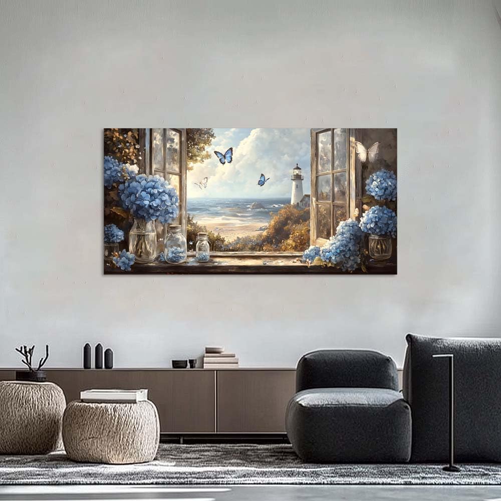 Coastal Open Window Butterflies Ocean View Canvas Wall Art Blue Hydrangea Print Rustic Lighthouse Beach Landscape Painting Gallery Wrapped Artwork for Living Room Bedroom Bathroom Decor (Mysterious / White Lighthouse Sea 5 / 40"L x 20"W)