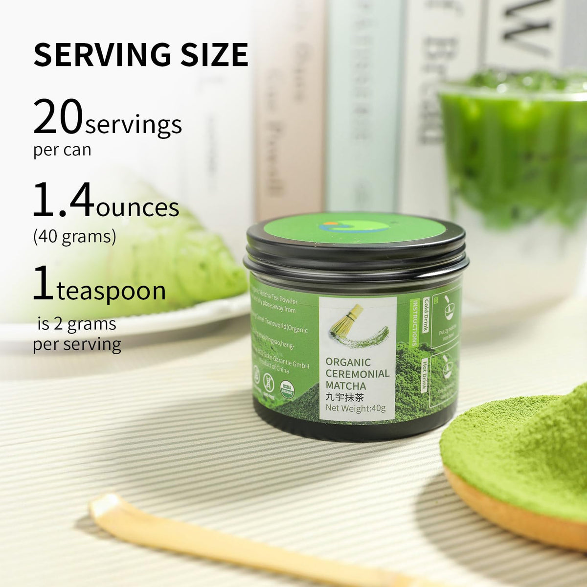 Organic ceremonial grade matcha powder for matcha latte preparation First Harvest 1.41oz (40g/1.41oz)
