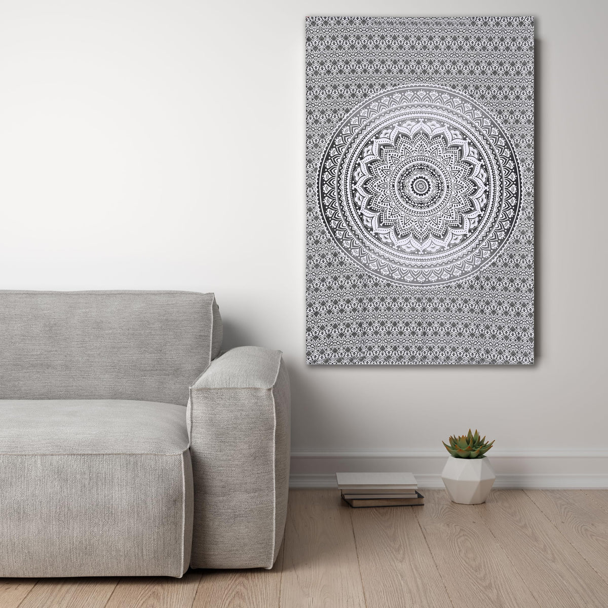 Grey Black Cotton Tapestry Mandala Wall Hanging (Grey and White / 30"L x 40"W)