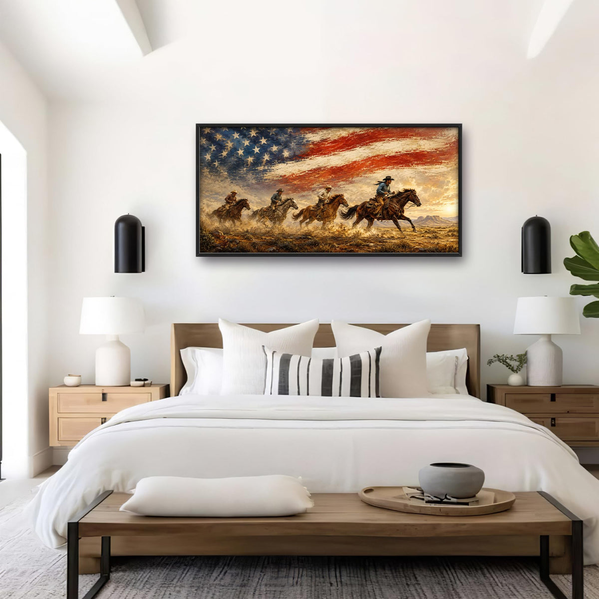 Western Cowboy Wall Art American Flag Decor Horse Pictures 60"x30" (Cowboy Flag / 60"L x 30"W)