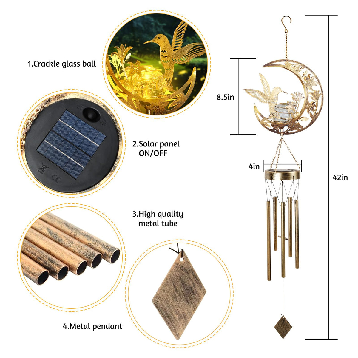 Solar Wind Chimes Hummingbird Gift for Women Cracked Glass Light Wind Chime (Hummingbirds)