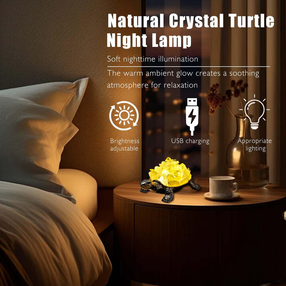 Natural Citrine Turtle Night Lamp Healing Crystal Bedroom Bedside Table Lamp USB Port Home Decor Women Men Gift (Yellow2)