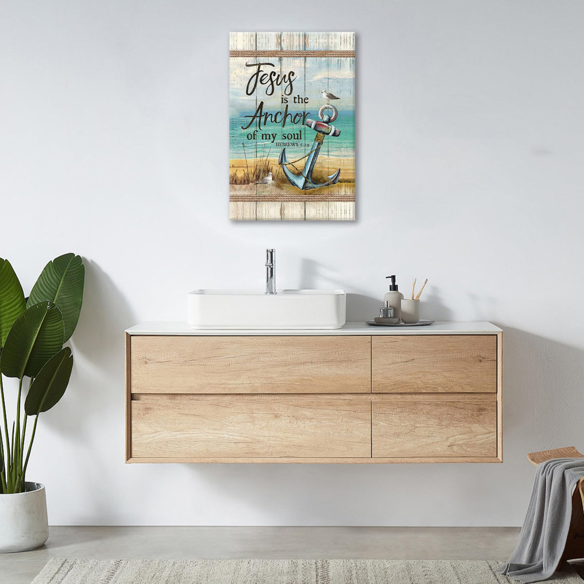 Christian Beach Anchor Wall Art Scripture Coastal Nautical Canvas Print Painting Bible Verses Pictures Framed Christian Gifts Artwork Dining Living Bathroom Bedroom Decor for Home Office 16"x24" (24"L x 16"W / Hebrews Anchor)