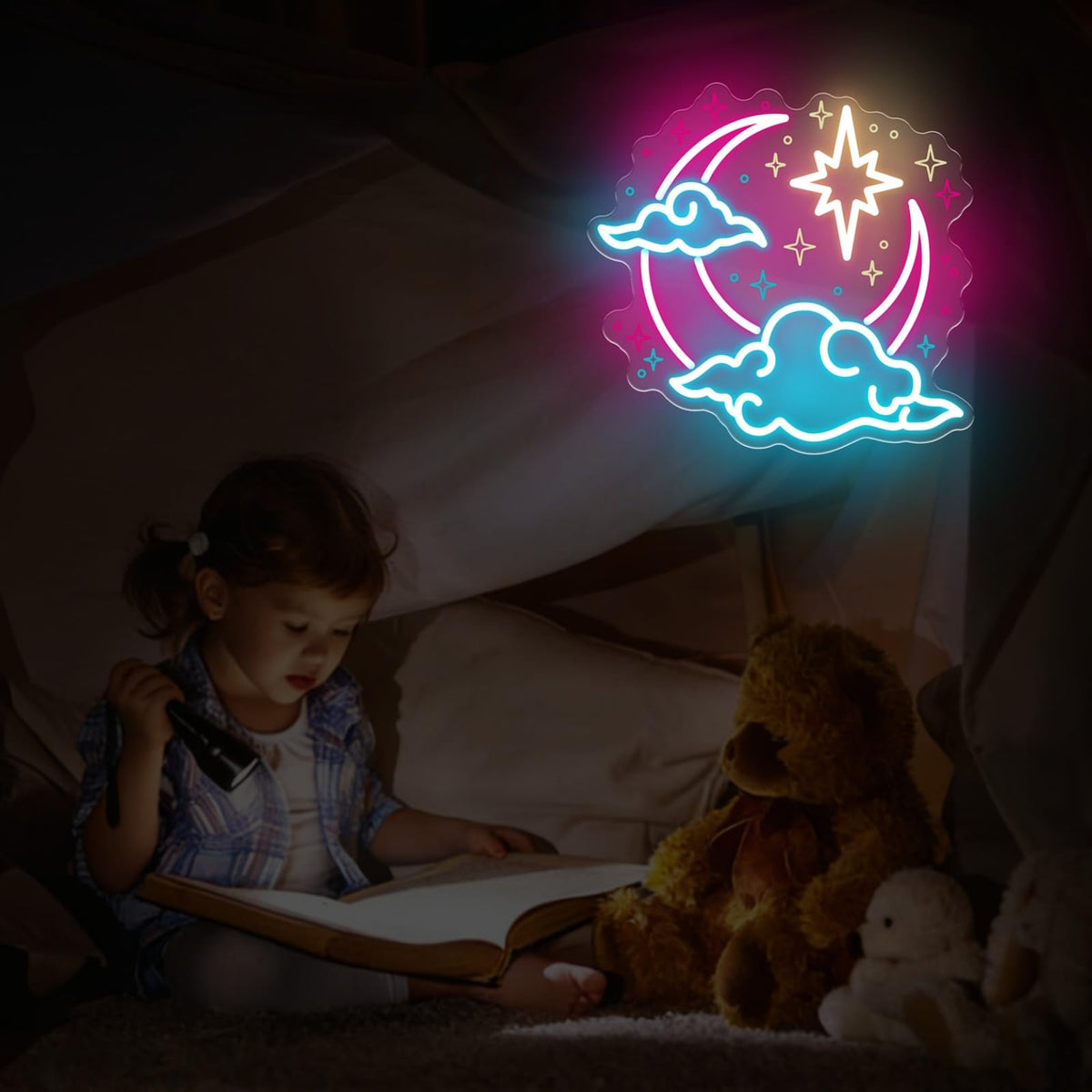 Crescent Moon Cloud Star Neon Sign for Bedroom Nursery (Moon Cloud Star)
