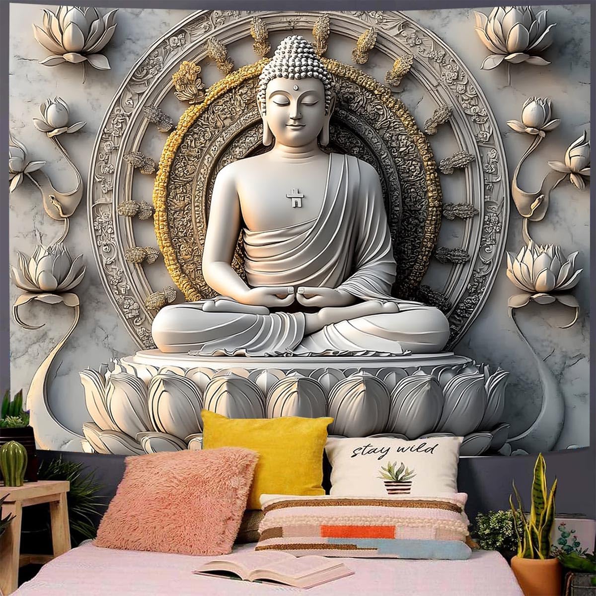 Vintage Sitting Buddha Tapestry Wall Hanging Buddhist Statue Tapestries Lotus Meditation Wall Decor Psychedelic Indian Zen Art for Bedroom Living Room Home Decor (Beige / 79"L x 59"W)