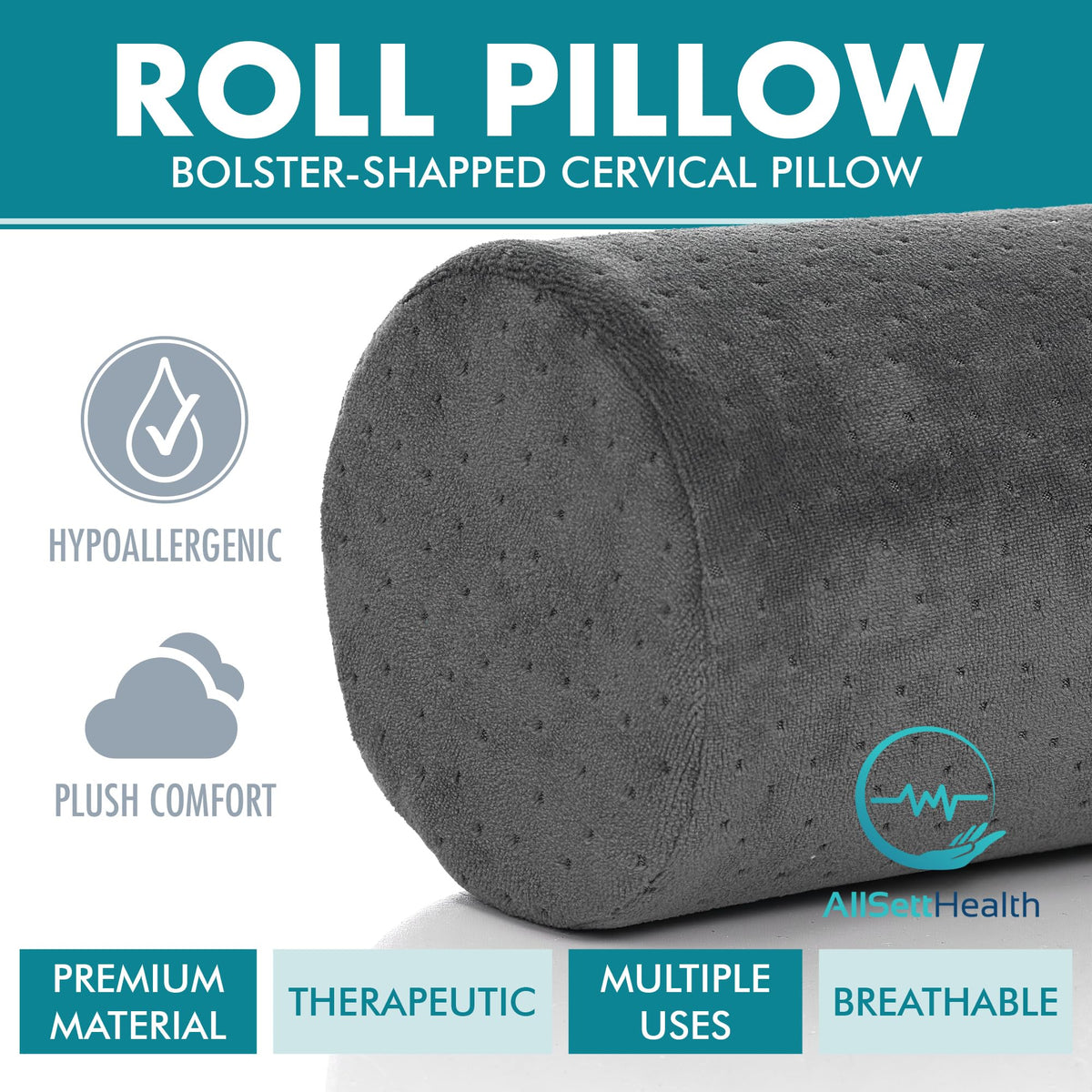 Round Cervical Roll Cylinder Bolster Pillow with Removable Washable Cover (13x5 Inch, Soft, Grey)