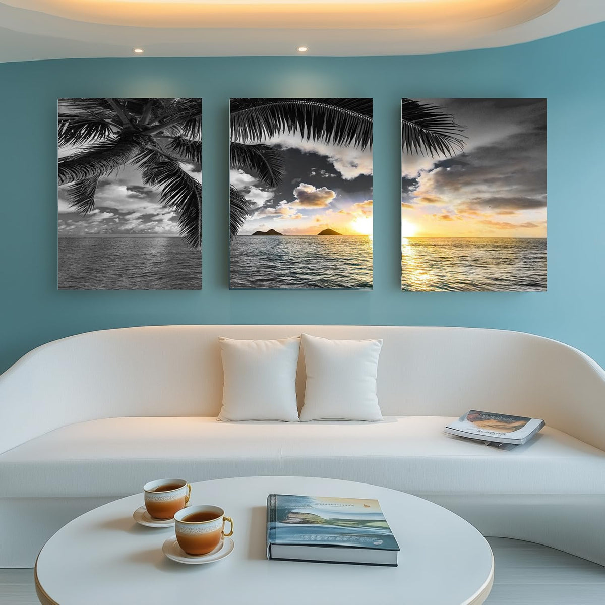 Black and White Sunset Beach Canvas Wall Art Bathroom Coastal Wall Decor Ocean Prints Art Seascape Pictures Palm Painting Artwork for Living Room Bedroom Decor Office Home Decoration (BAbesH3 / 12"x16"inches x 3 pcs)