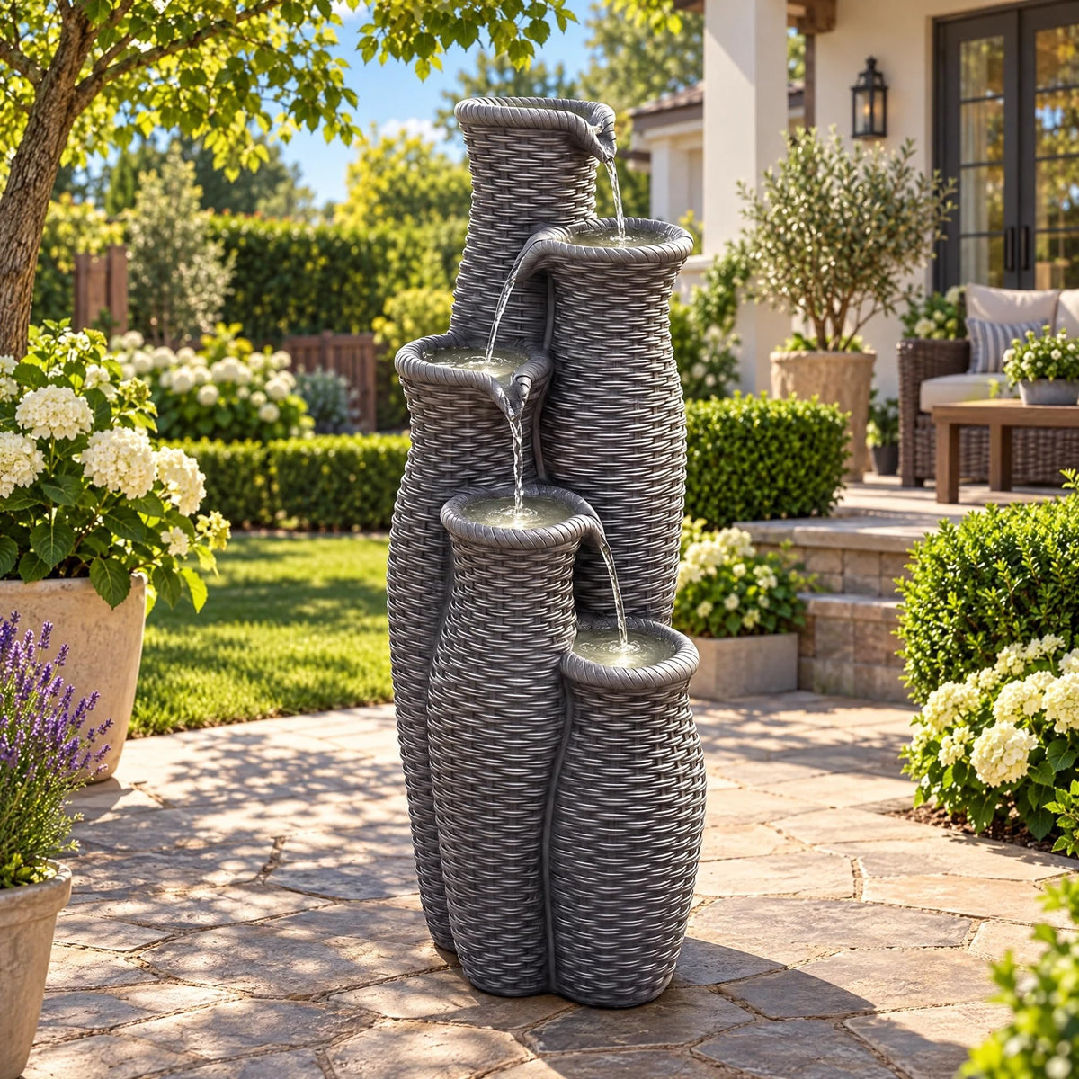 AUTODAYA 33" H Outdoor Water Fountain (Light Gray Faux Rattan 33"h)