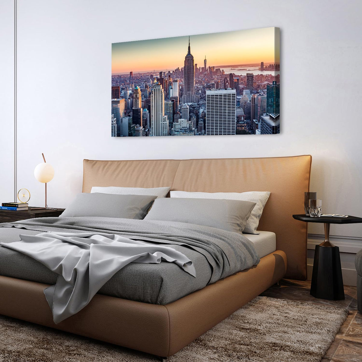NYC Wall Art Manhattan Skyline at Night Painting Prints Sunset New York City Wall Decor Modern Building Skyscraper Picture USA Downtown Panoramic Artwork for Office Bedroom Home Decoration 30x60" (57.8"L x 30"W / New York)