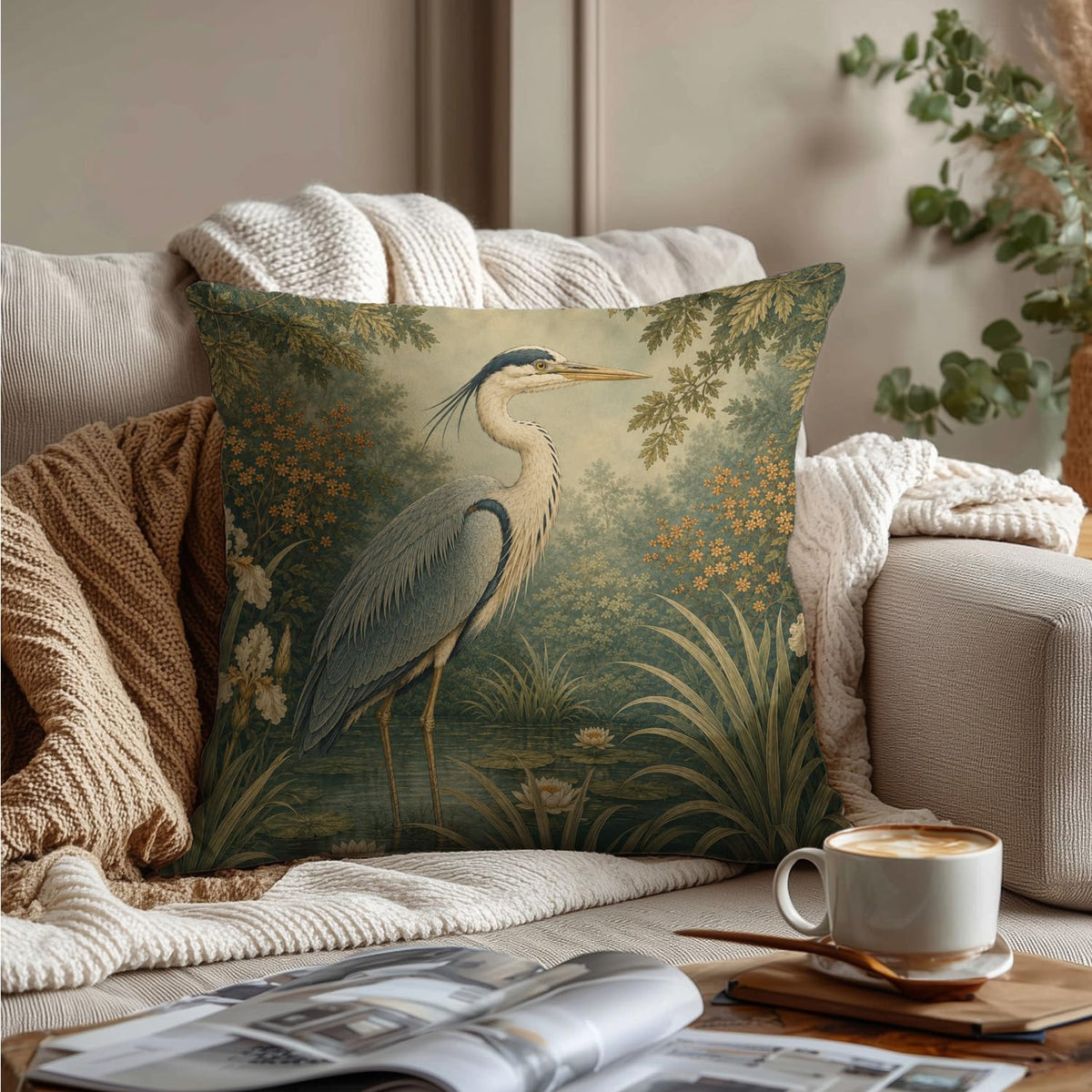 Vintage Floral Great Blue Heron Bird Pillow Cover 18x18 (White-blue Heron Bird 20)