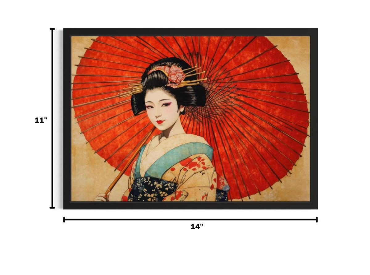 Red Geisha Black Framed Wall Art Print Poster (Red Geisha / 14"L x 11"W)