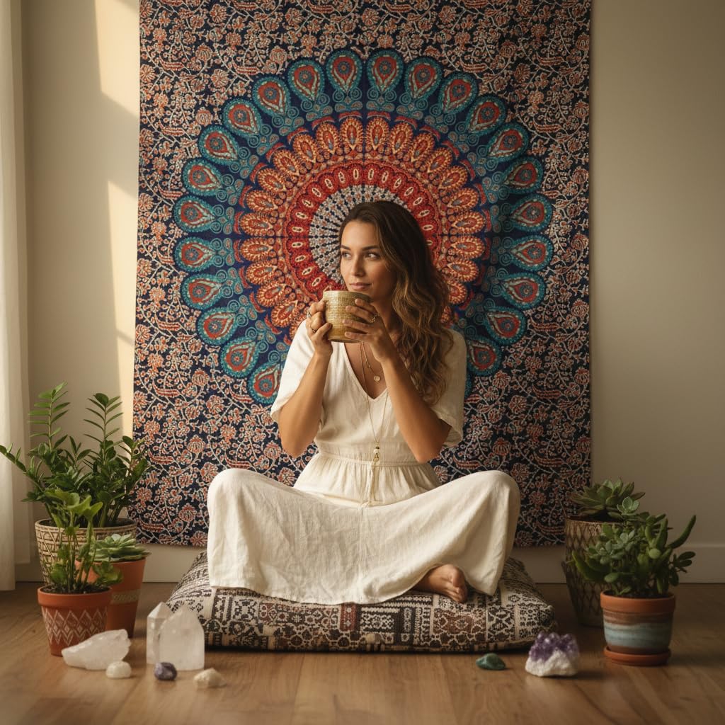 Handmade Cotton Peacock Mandala Tapestry (40"L x 30"W / Golden Blue)
