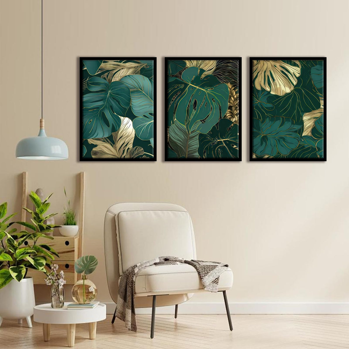 Tropical Botanical Leaf Wall Art Dark Green Picture Wall Decor (Green Leaf-3pcs / 12 X 16 Inches)