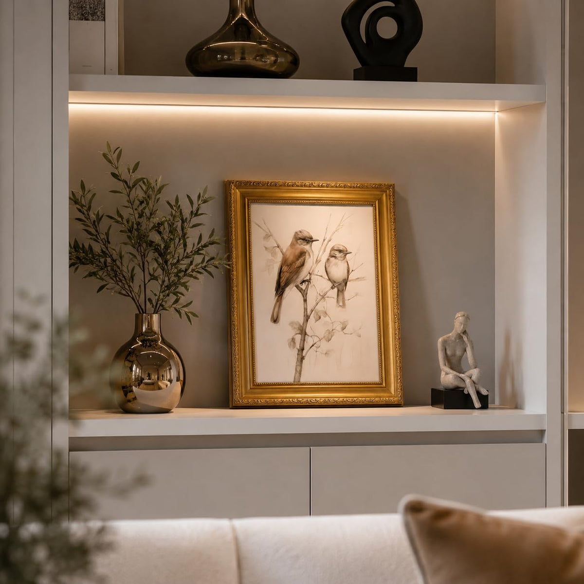Gold Framed Bird Canvas Wall Art Vintage Birds Wall Decor Aesthetic Sparrow on Branch Painting Picture Rustic Farmhouse for Living Room Kitchen Bedroom Decor 9X11in (Neutral birds / 11L" x 9W")