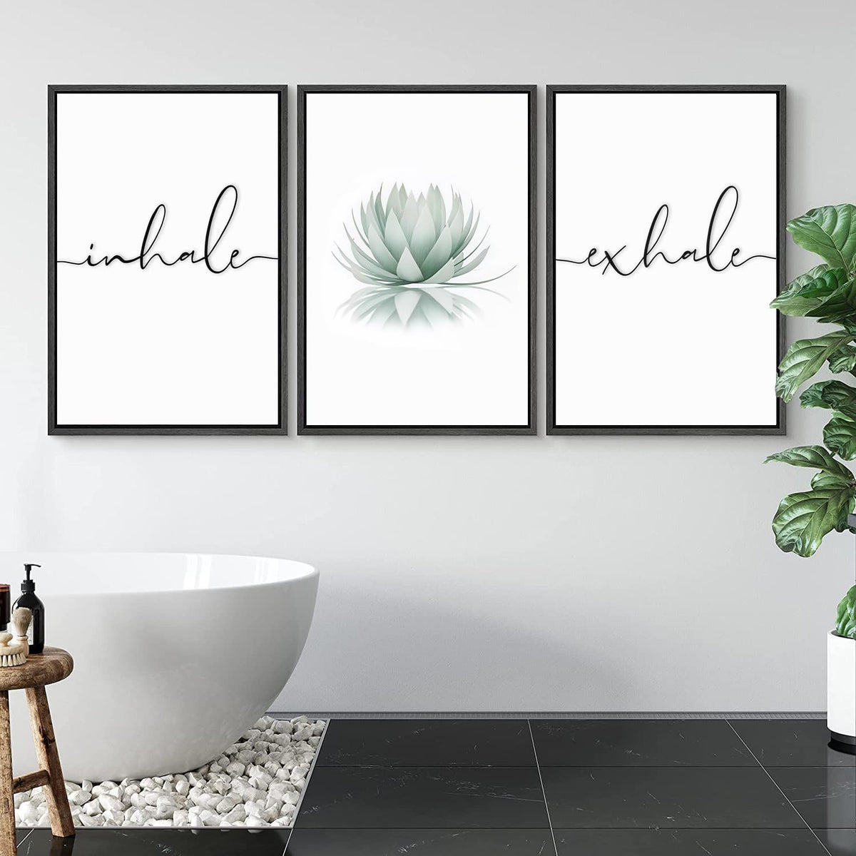 Zen Above Bed Poster Print Decor Inhale Exhale Green Lotus Flower Canvas Wall Art Painting Yoga Calming Meditation Artwork Pictures Bedroom Living Room Decoration 16x24 Inch Unframed Set of 3 (Green Lotus Art Prints / 16x24 Inch)