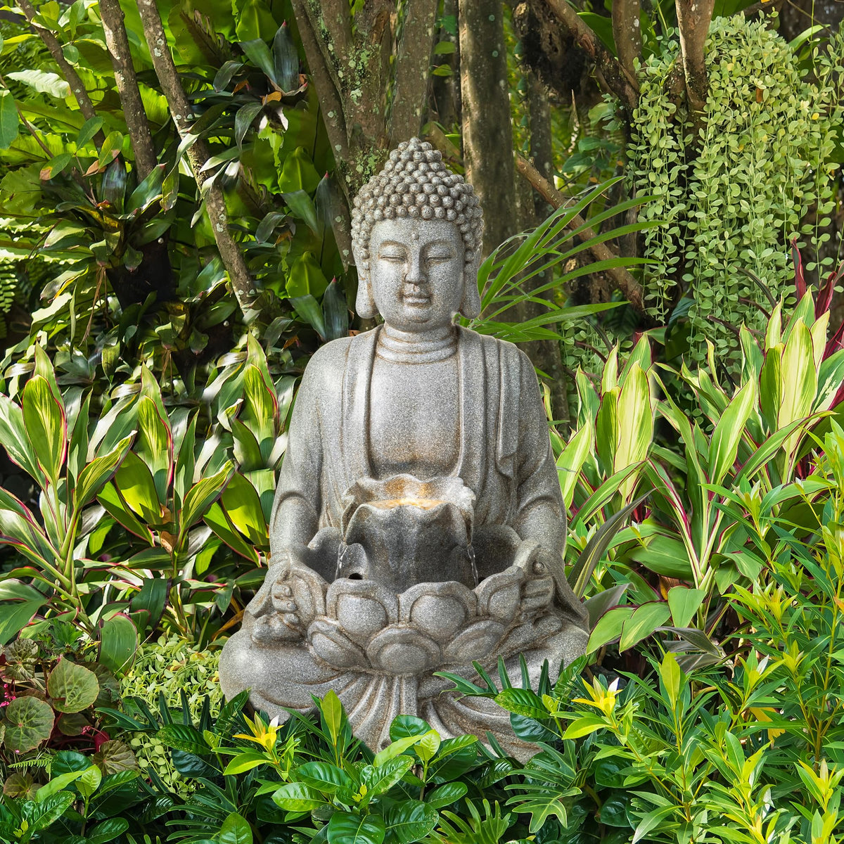 Buddha Fountain Outdoor with Pump & LED Light 23.25" H (Concrete Buddha W/Lotus Leaf&flower Basins / 23.25"H)