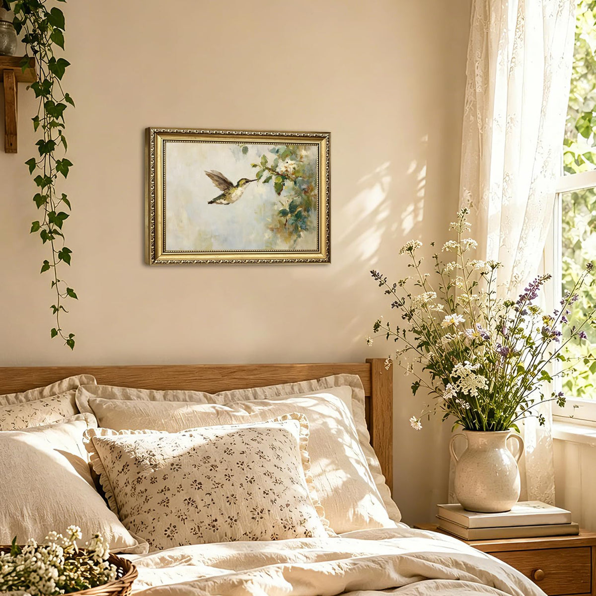 Hummingbird Wall Art Vintage Bird Floral Wall Decor Picture Rustic Cottagecore Animal and Botanical Canvas Painting Print for Living Room Bedroom Bathroom 24x16 inch Gold Framed (Animal-O / 24"L x 16"W)