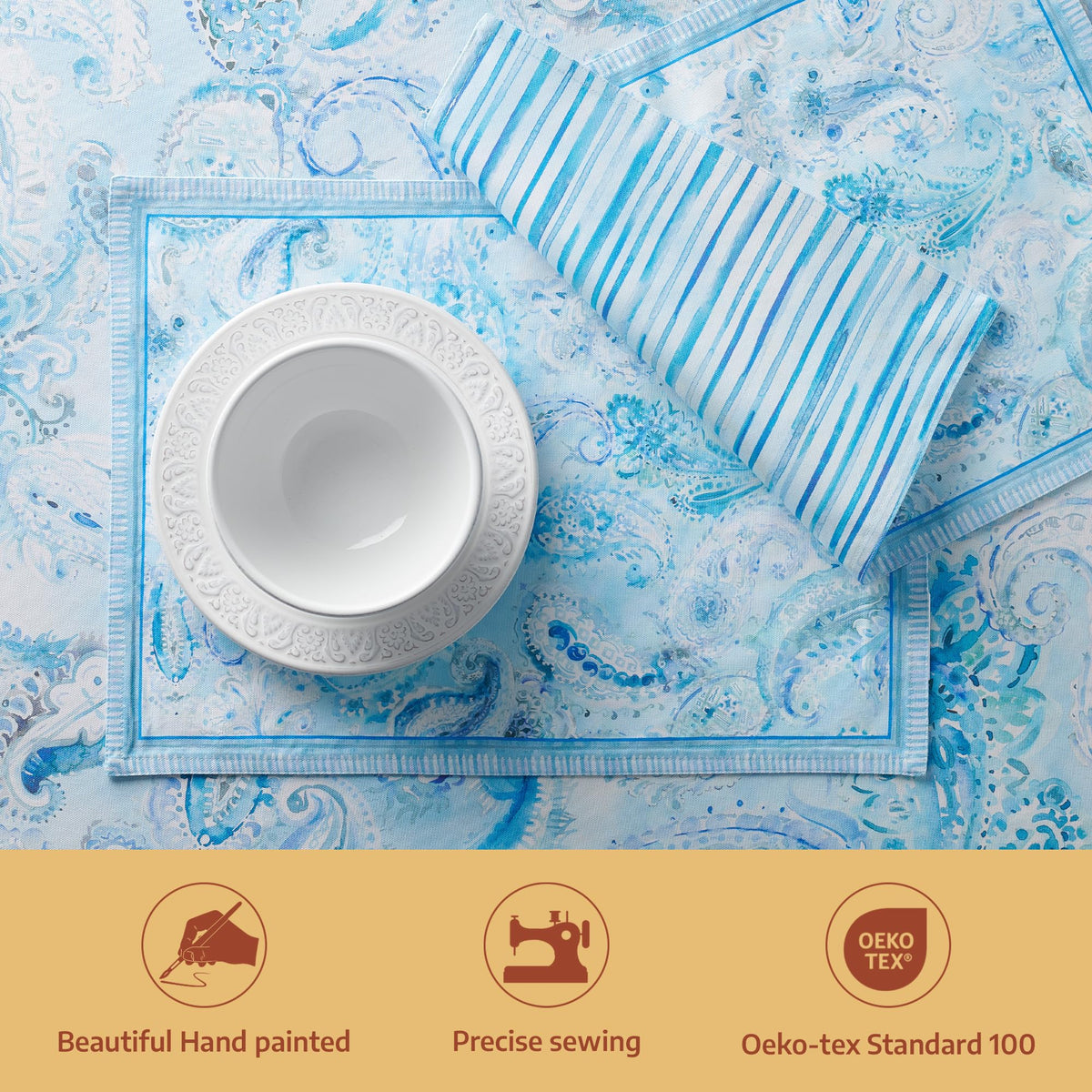 Placemats Set of 4 Reusable 100% Combed Cotton (047 - Paisley Blues / 13" X 19" (Pack of 4))