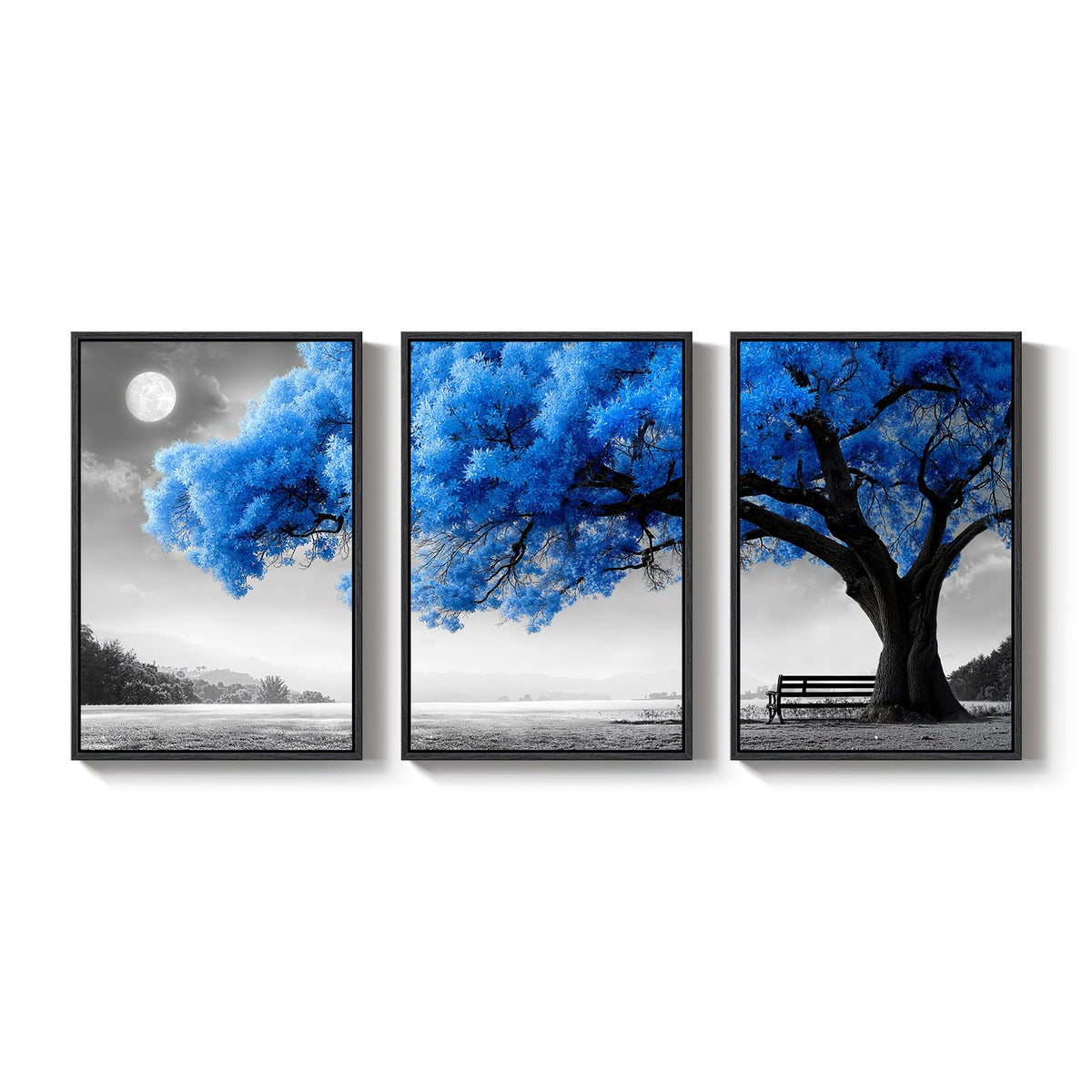 Large Framed Blue Black and White Tree Wall Art for Living Room (Klein Blue / 24" W x 36" H x 3Pcs)